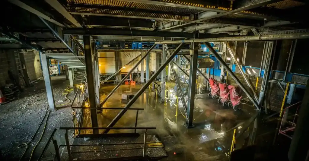 The inside of a fire damaged commercial property with standing water.