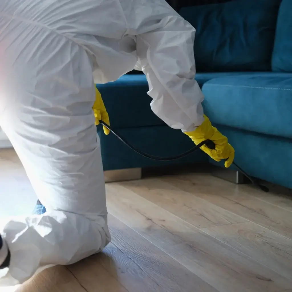 Technician in full PPE carrying out mercury spill clean-up under a sofa in a domestic property