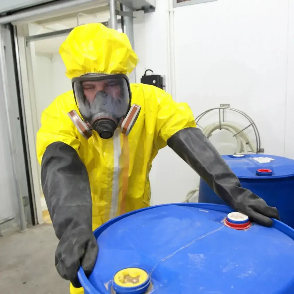 Technician removing hazardous waste in a blue drum in full PPE.
