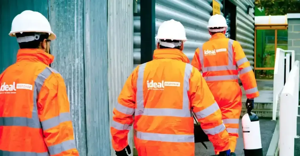 Three technicians in high visibility IRL Limited branded uniforms and PPE.